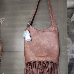 Wrangler Brown Fringe Crossbody Shoulder Bag with Turquoise Accent